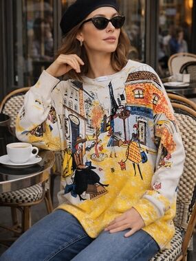Ella Zhu Paris Street Scene Sweater Colorful Graphic Knit Top Size M/L Oversized